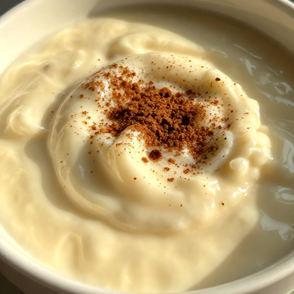 Coconut pudding served in a bowl with a sprinkle of cinnamon