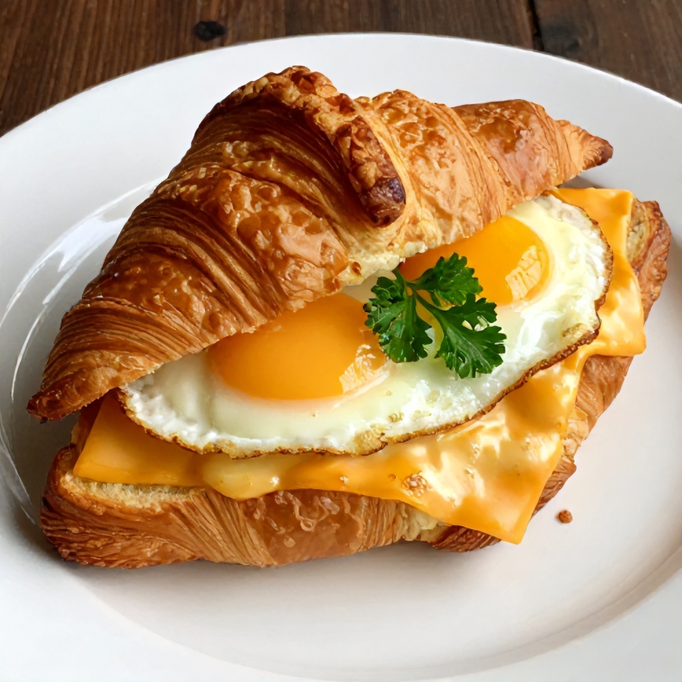 Plated breakfast croissant sandwich with egg and cheese