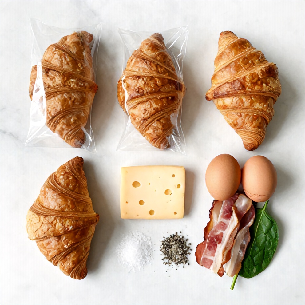 Raw ingredients for breakfast croissant sandwiches