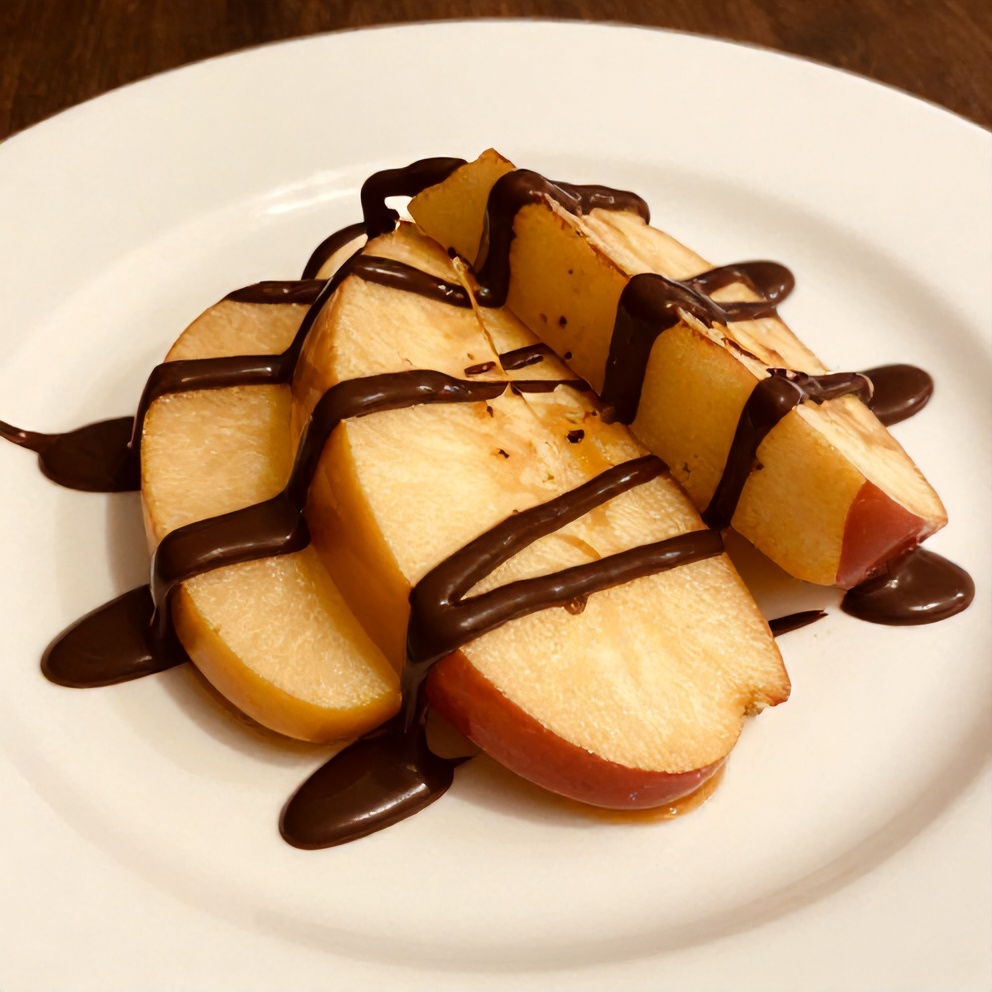Plated caramel apple slices with chocolate drizzle on a white plate