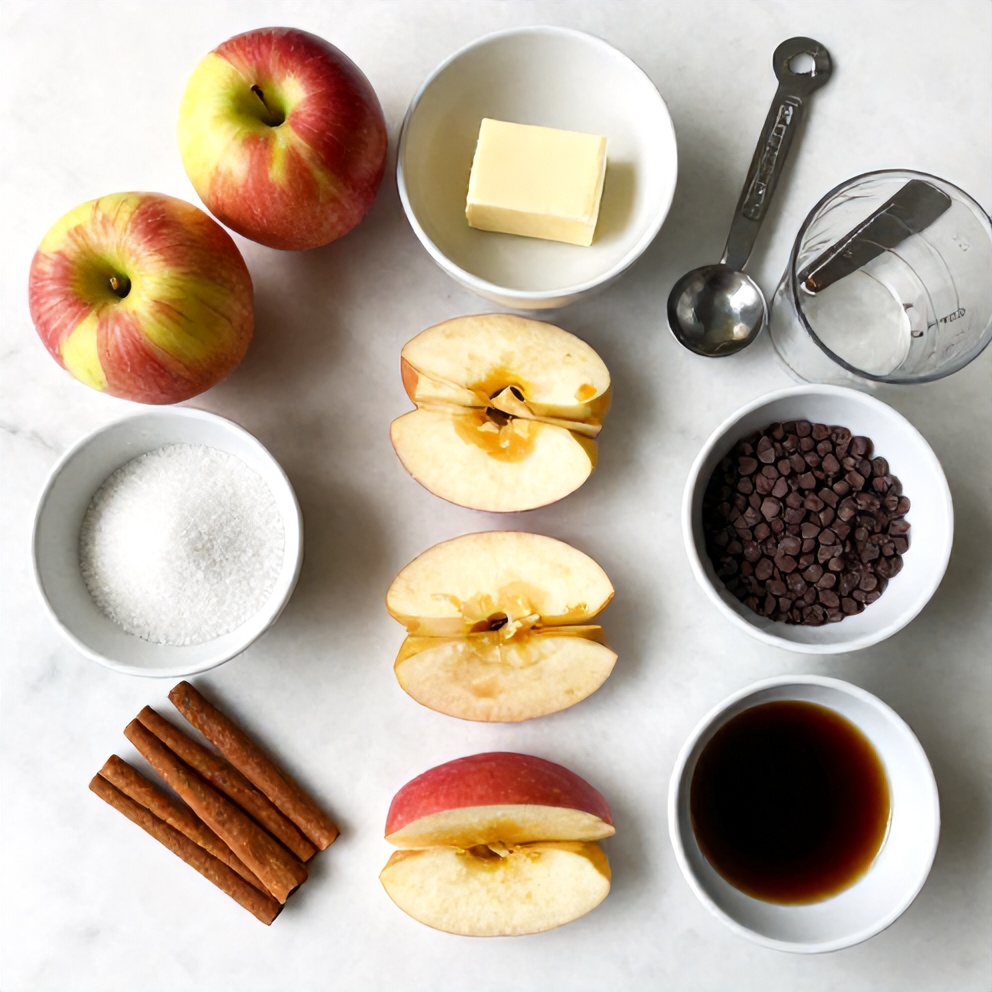 Raw ingredients for caramel apple slices on a white marble surface