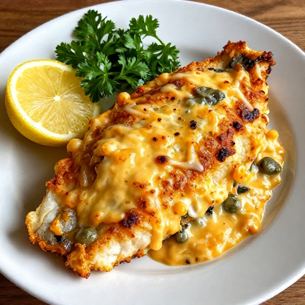 Plated Easy Cheesy Baked Halibut