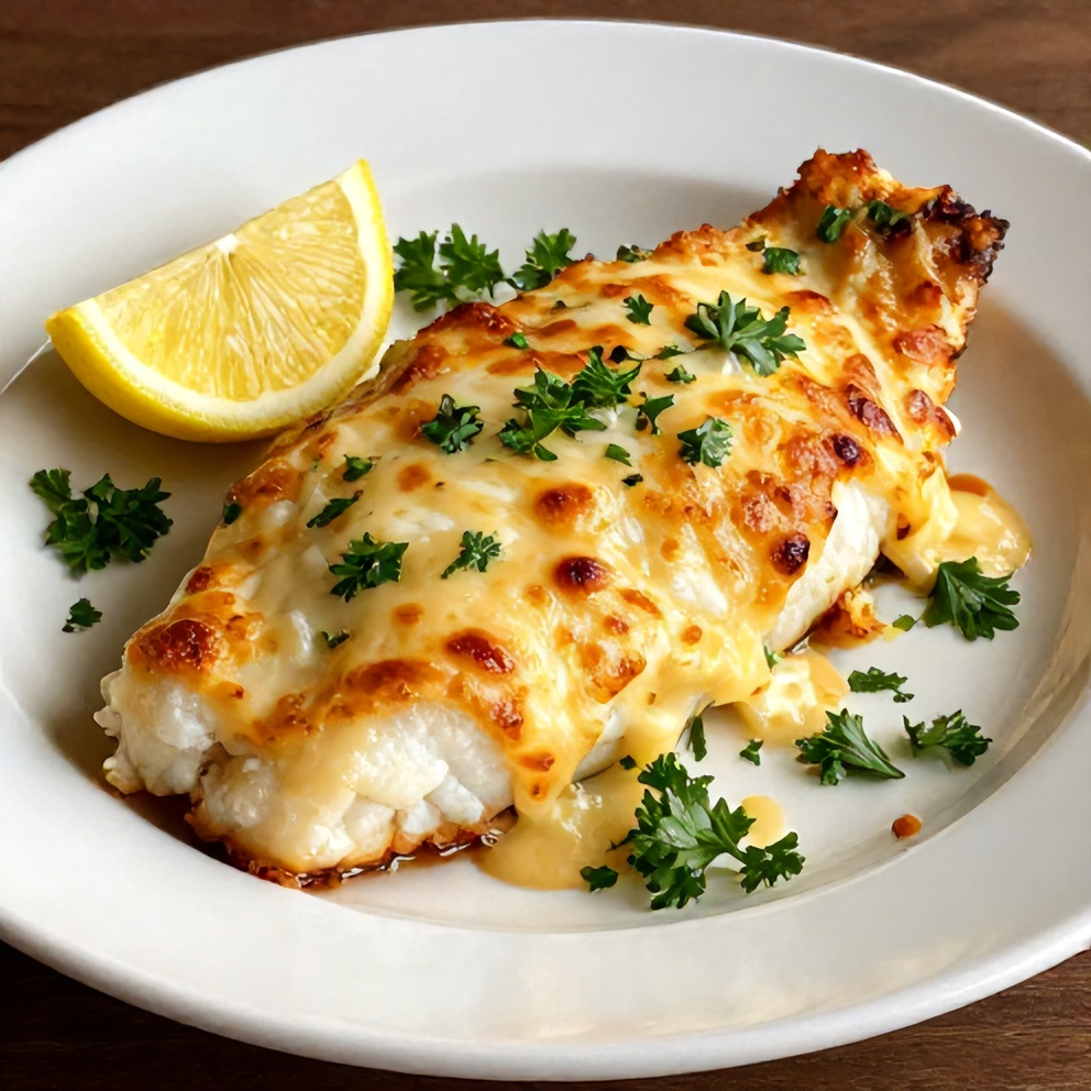 Plated easy cheesy baked halibut on white ceramic plate with lemon wedge garnish and fresh parsley, close crop showing golden crust and flaky texture