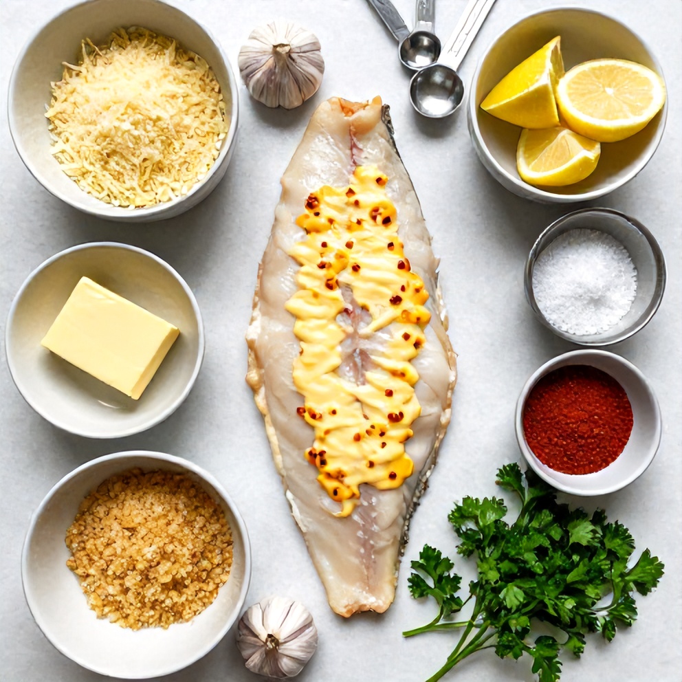Raw ingredients for Easy Cheesy Baked Halibut