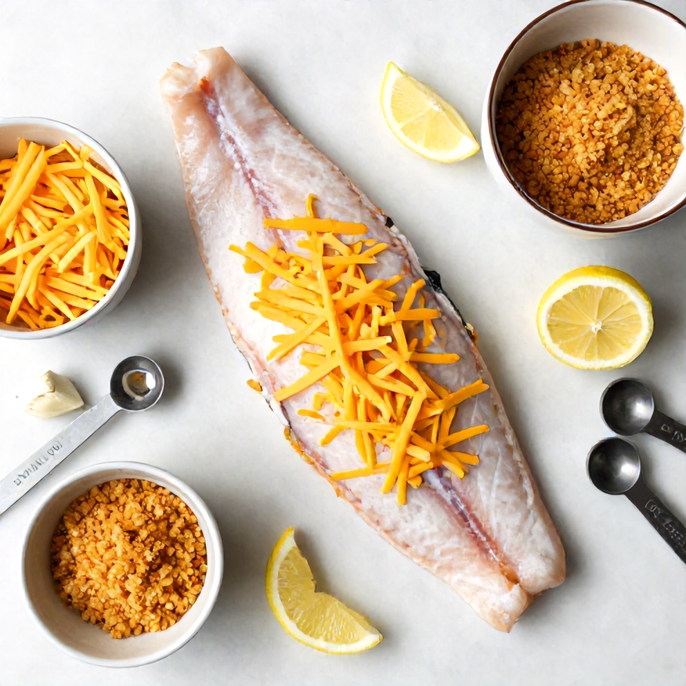 Fresh halibut fillets, shredded sharp cheddar cheese, lemon wedges, garlic cloves, panko breadcrumbs, small prep bowls and measuring spoons on white marble