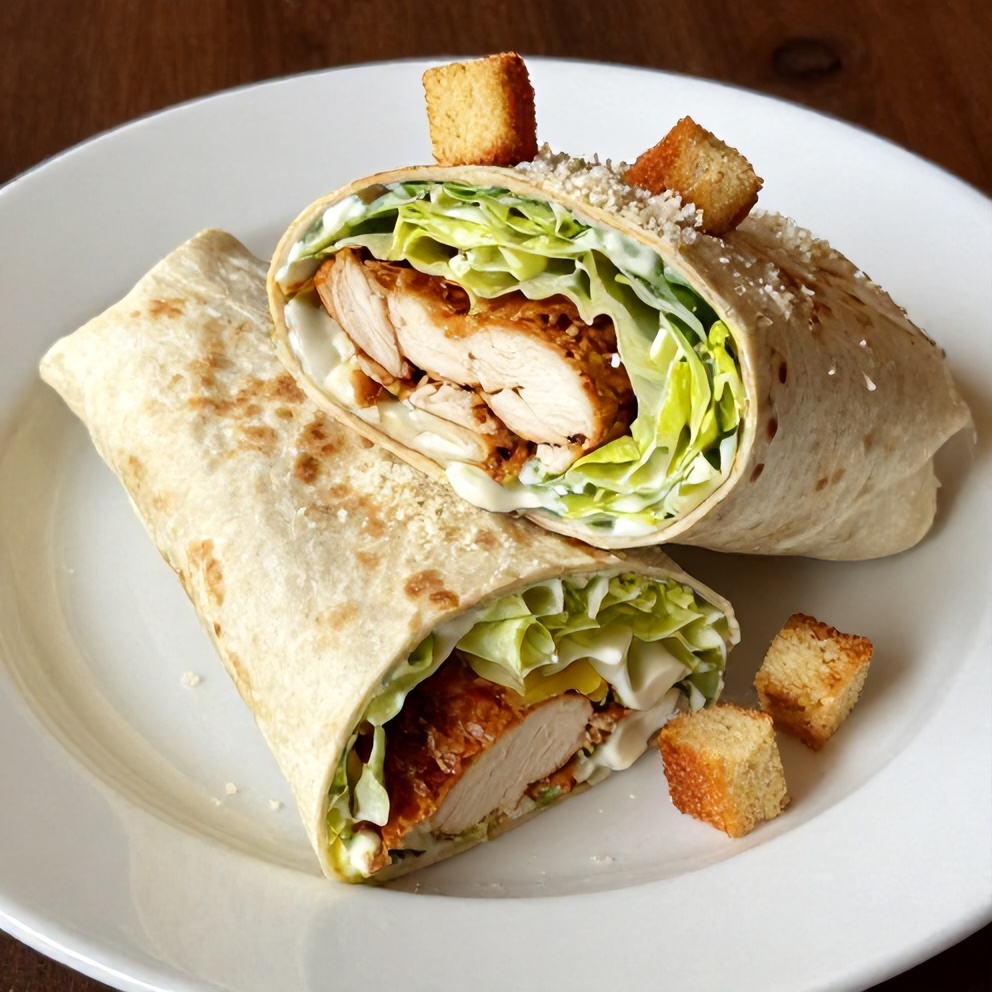 Close-up of a Chicken Caesar Wrap on a white plate