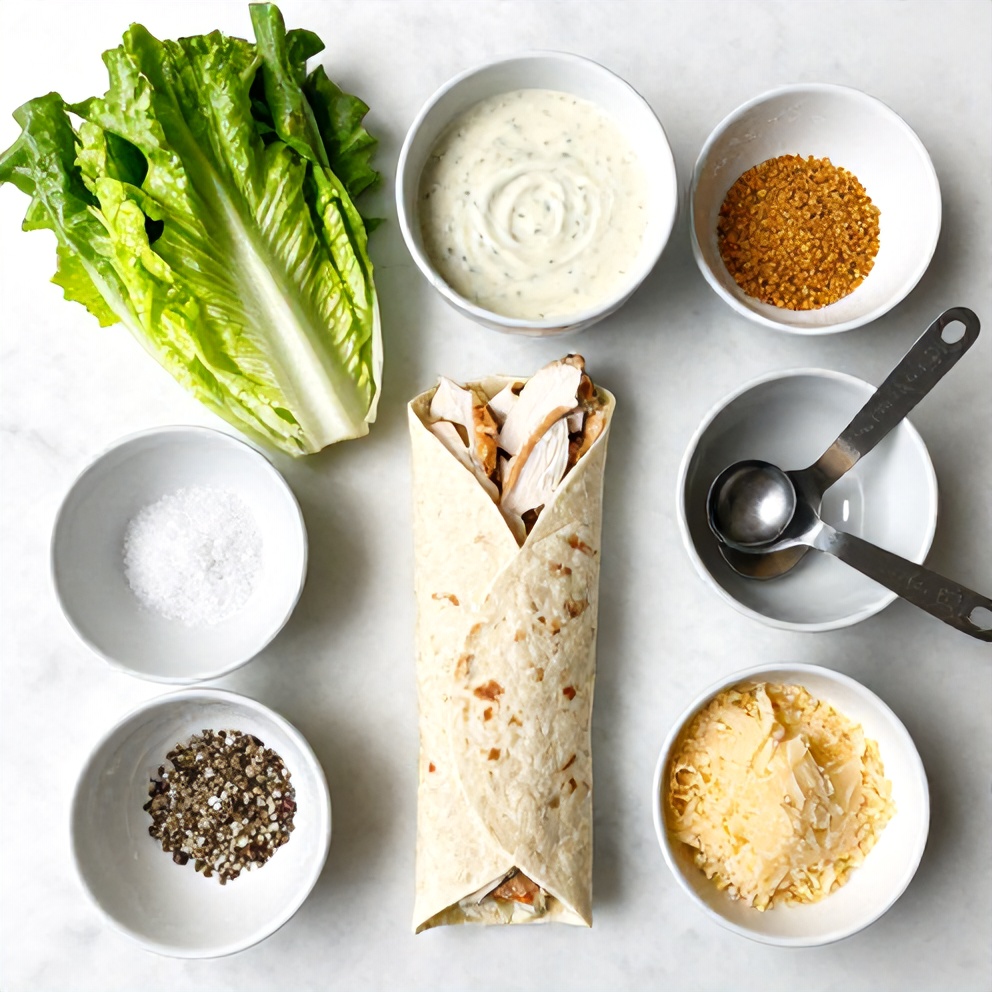 Raw ingredients for Chicken Caesar Wrap on a marble surface