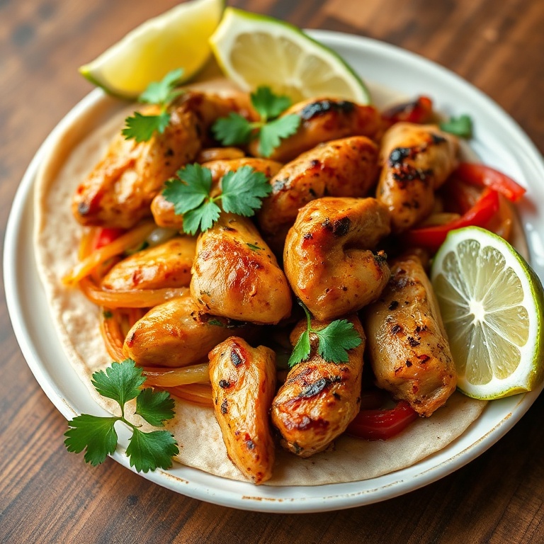 One plated serving of chicken fajitas on a warm white ceramic plate with warm flour tortillas, fresh avocado slices, sour cream, and lime wedges.