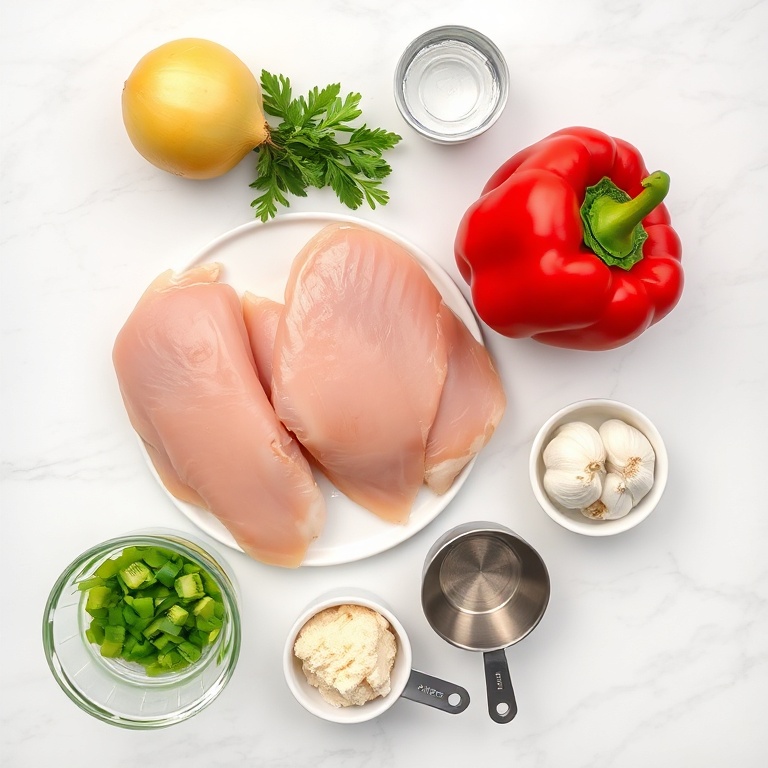 Overhead flat lay of boneless skinless chicken breasts, red bell pepper, green bell pepper, yellow onion, garlic cloves, lime, cumin seeds, chili powder, smoked paprika, olive oil, and salt in small prep bowls on white marble.