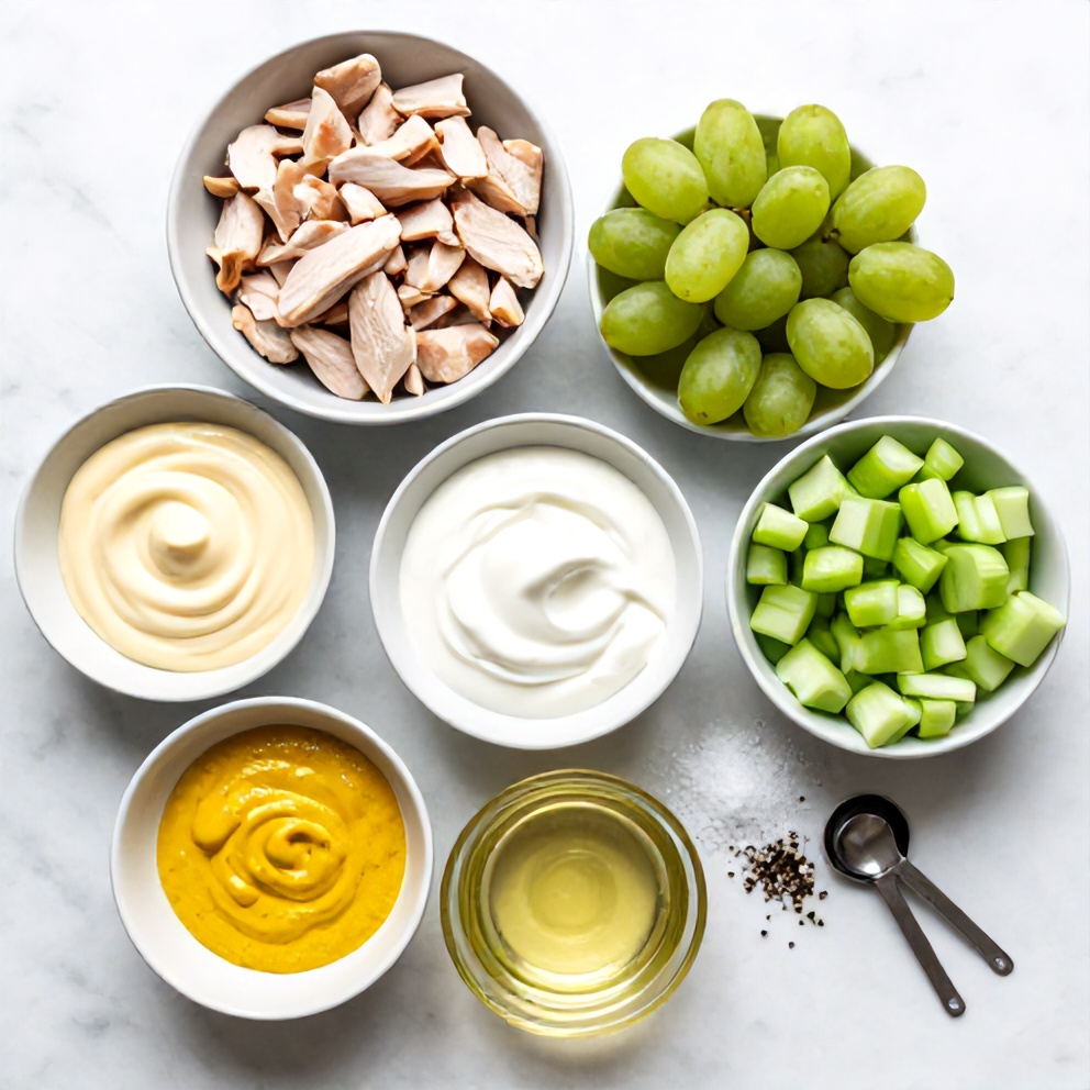 Raw ingredients for chicken grape salad: chicken, grapes, celery, mayo, Greek yogurt, etc.
