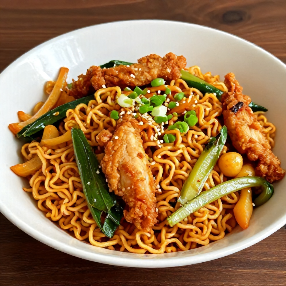 Plated serving of chicken ramen stir fry with crispy chicken and fresh veggies