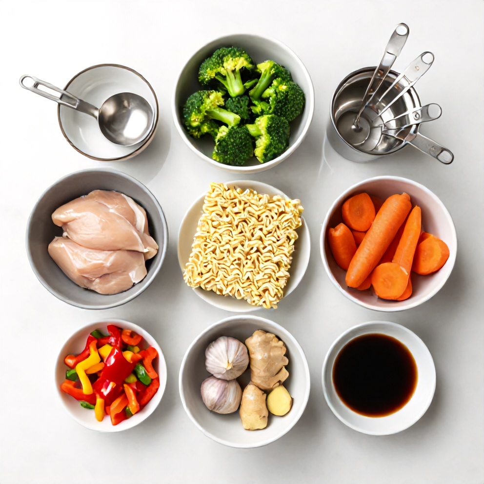Raw ingredients for chicken ramen stir fry including chicken, ramen noodles, and colorful veggies