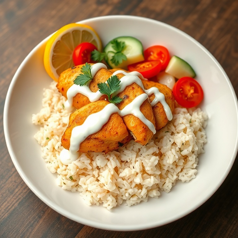 Plated easy chicken shawarma bowl in a wide white ceramic bowl with creamy yogurt sauce generously drizzled, fresh parsley garnish, and lemon wedge on the rim