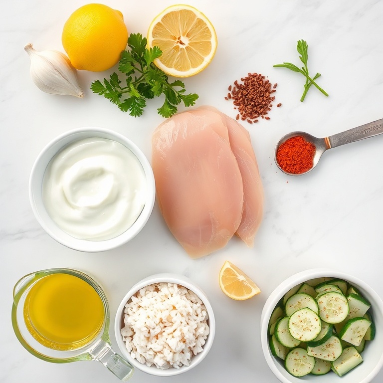 Overhead flat lay of chicken breast strips, plain Greek yogurt, garlic cloves, fresh parsley, lemon, cumin, paprika, olive oil, rice, and cucumber on white marble