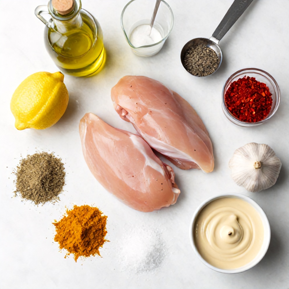 Raw ingredients for Chicken Shawarma on a white marble surface