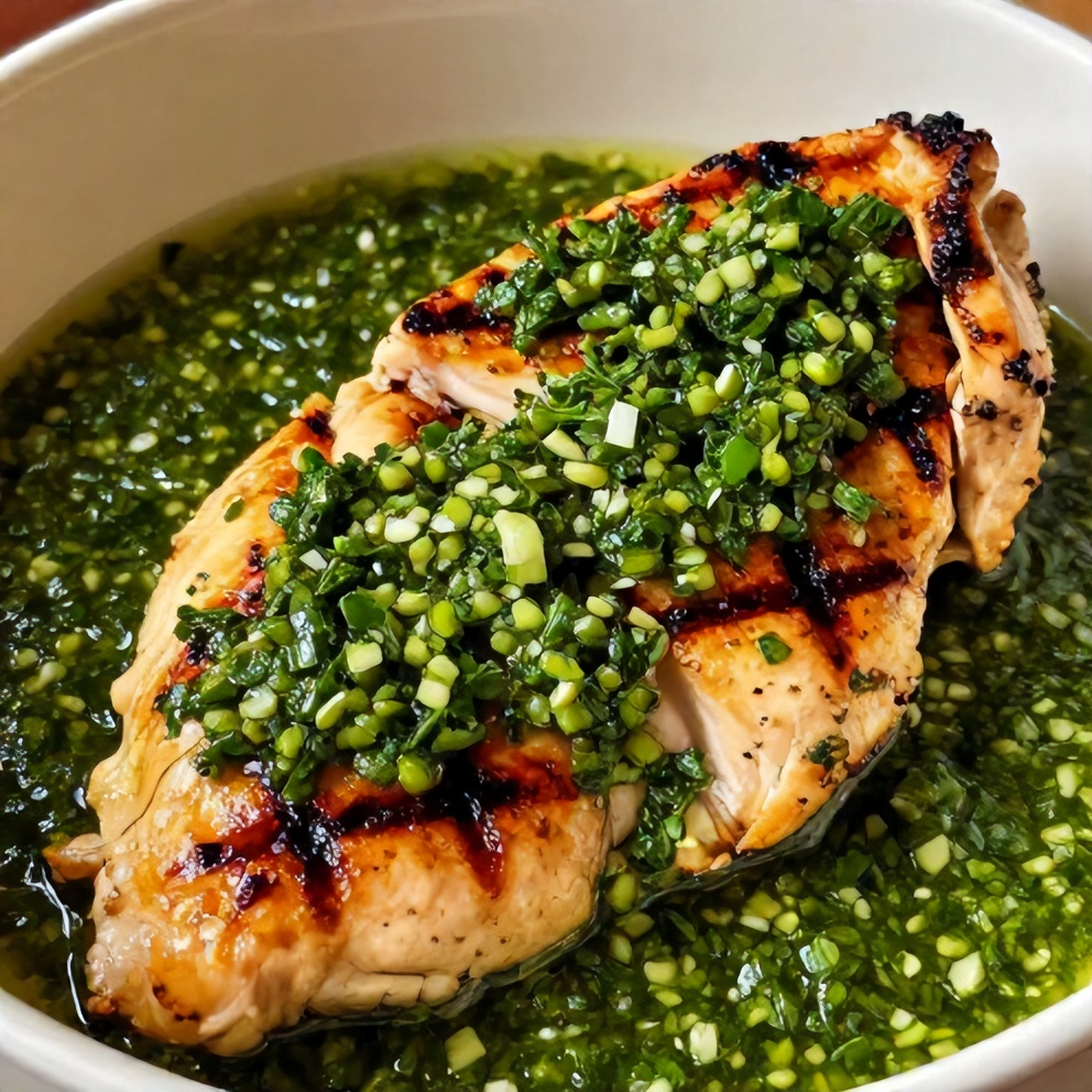Chimichurri sauce drizzled over grilled chicken