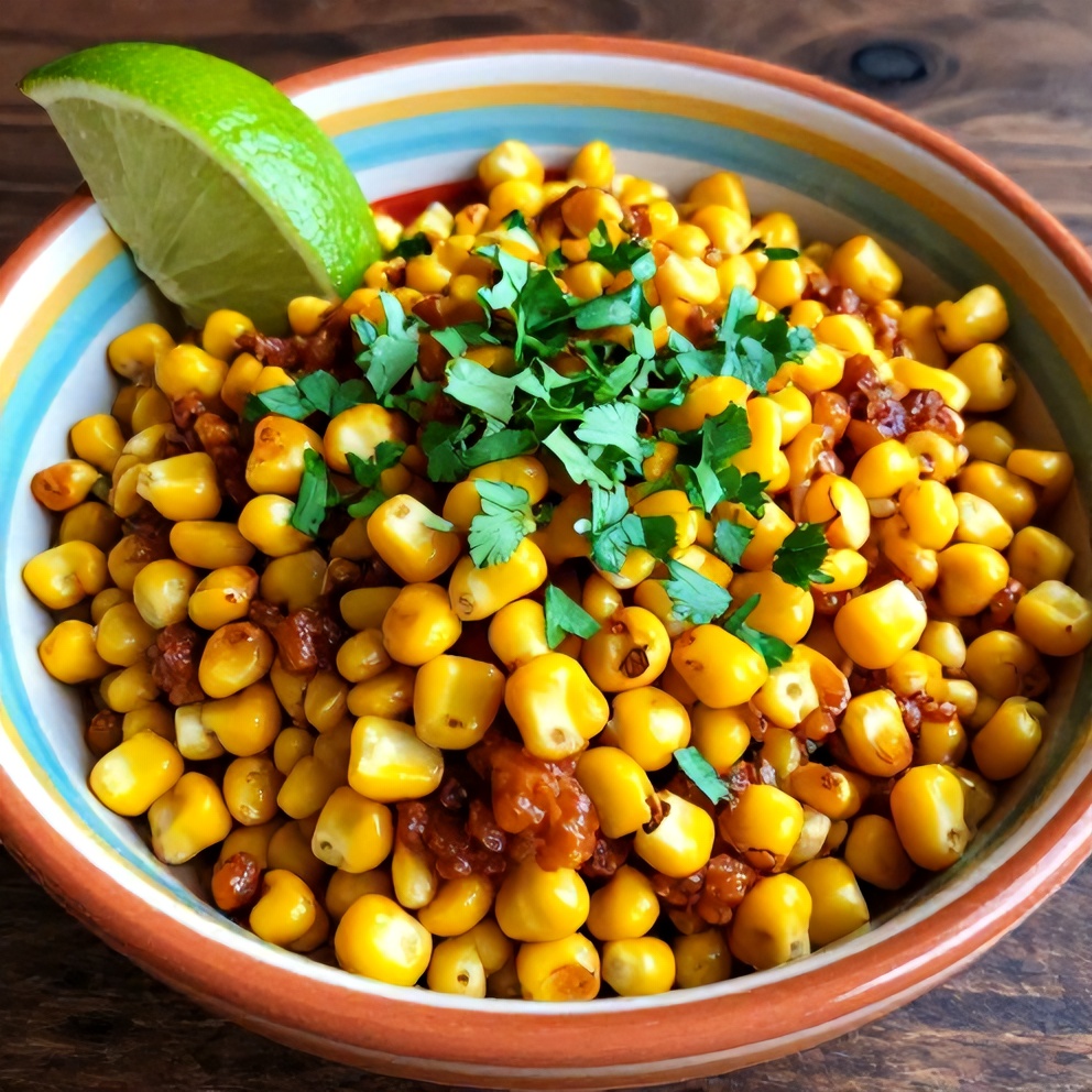 Plated serving of easy chipotle corn salsa with a lime wedge