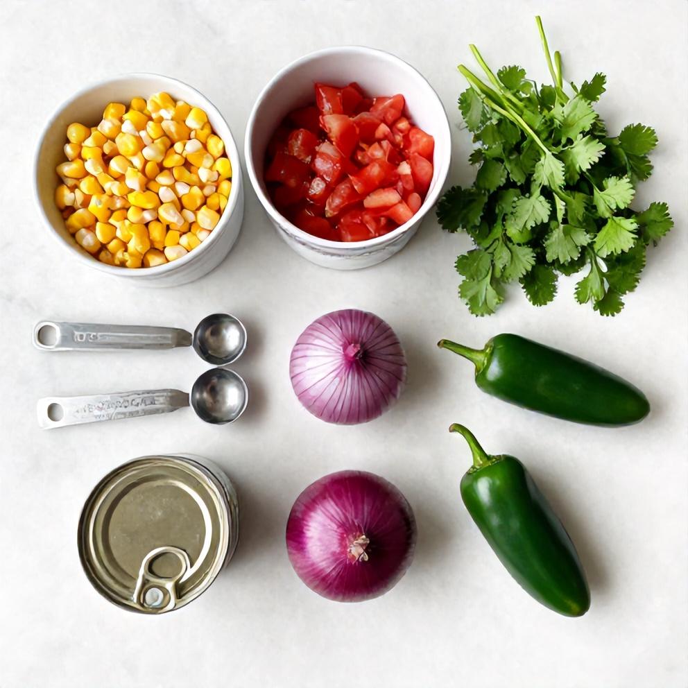 Raw ingredients for easy chipotle corn salsa on a white marble surface