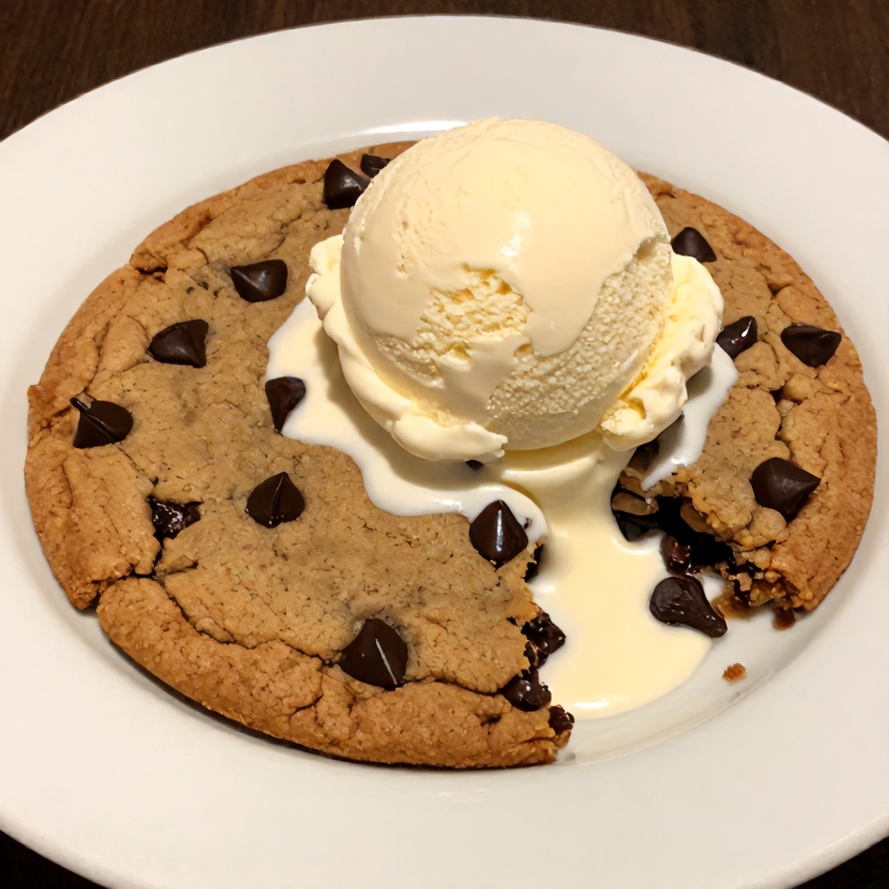 Chocolate Chip Cookie Pie with vanilla ice cream