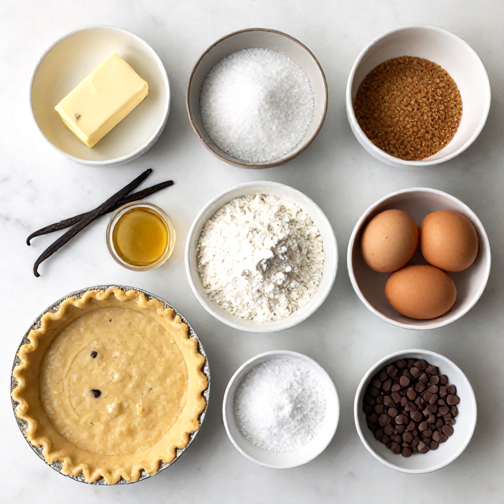 Chocolate Chip Cookie Pie ingredients on a marble surface