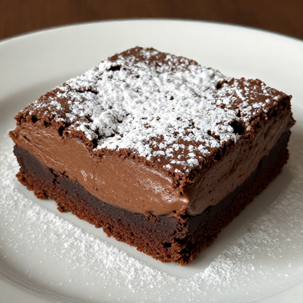Chocolate Mousse Brownies plated with a dusting of powdered sugar