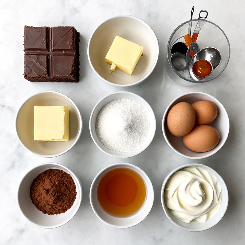 Raw ingredients for Chocolate Mousse Brownies: chocolate, butter, sugar, eggs, flour, cocoa powder, vanilla extract, and heavy cream