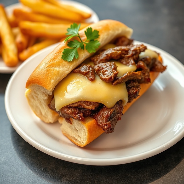 Plated Philly cheesesteak on a white ceramic plate with a side of crispy potato wedges, garnished with fresh parsley, steam rising from the sandwich
