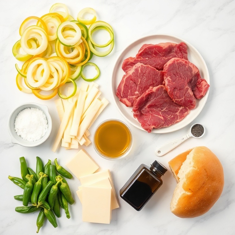 Raw ingredients for Philly cheesesteak: ribeye steak, yellow onion, green bell pepper, provolone cheese slices, hoagie rolls, olive oil, salt, black pepper, garlic powder, Worcestershire sauce