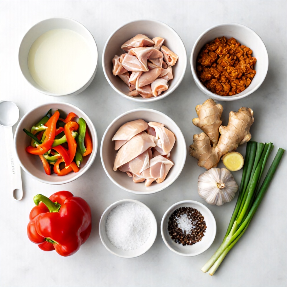 Raw ingredients for coconut chicken: chicken, coconut milk, curry paste, bell peppers, garlic, ginger, sugar, salt, pepper, and green onions