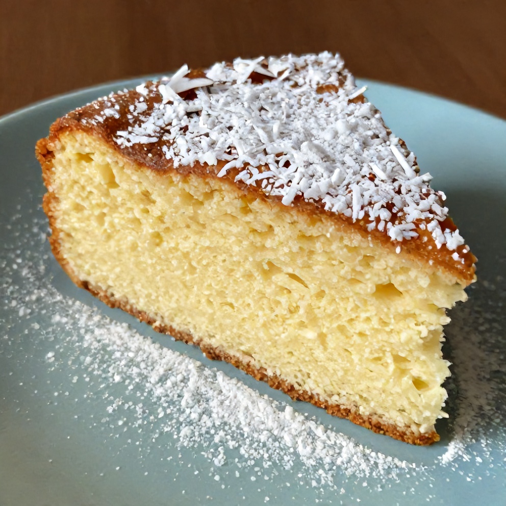 Coconut Milk Snack Cake slice on a plate