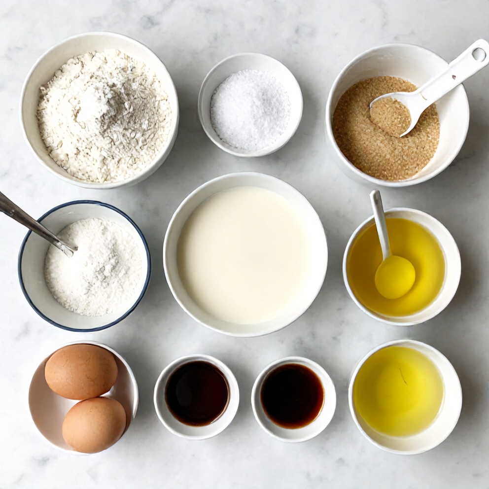 Raw ingredients for Coconut Milk Snack Cake on a marble surface