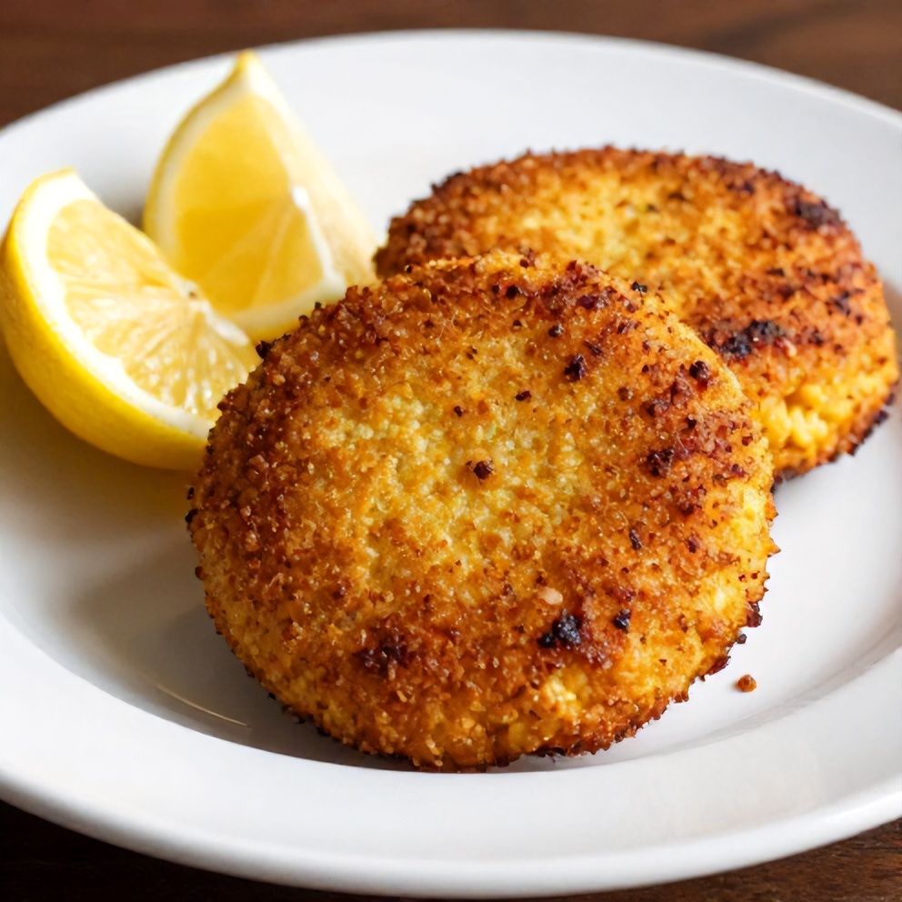 Plated cornbread stuffing crab cakes with lemon wedges