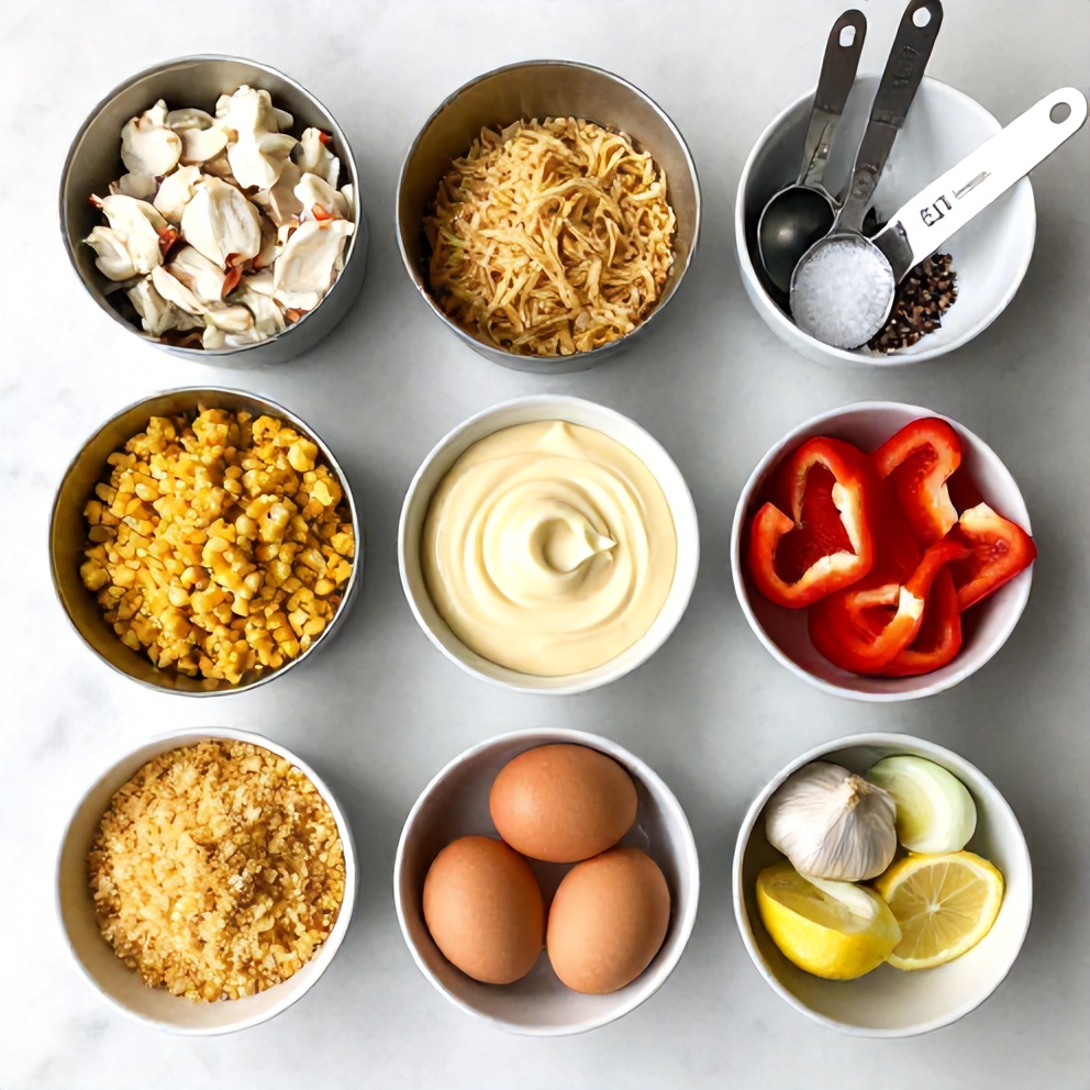 Raw ingredients for cornbread stuffing crab cakes on a marble surface