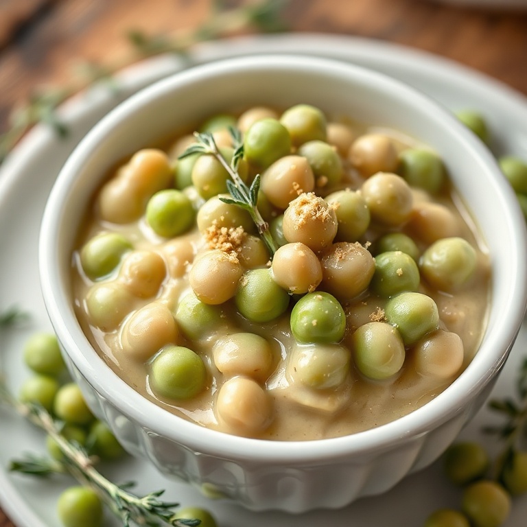 Creamed peas in a white ceramic bowl topped with fresh thyme and grated nutmeg