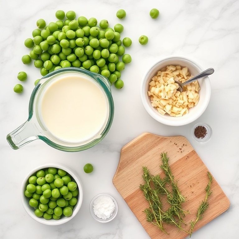 Fresh peas, heavy cream, butter, shallots, garlic, thyme, salt, and black pepper arranged on white marble with measuring spoons