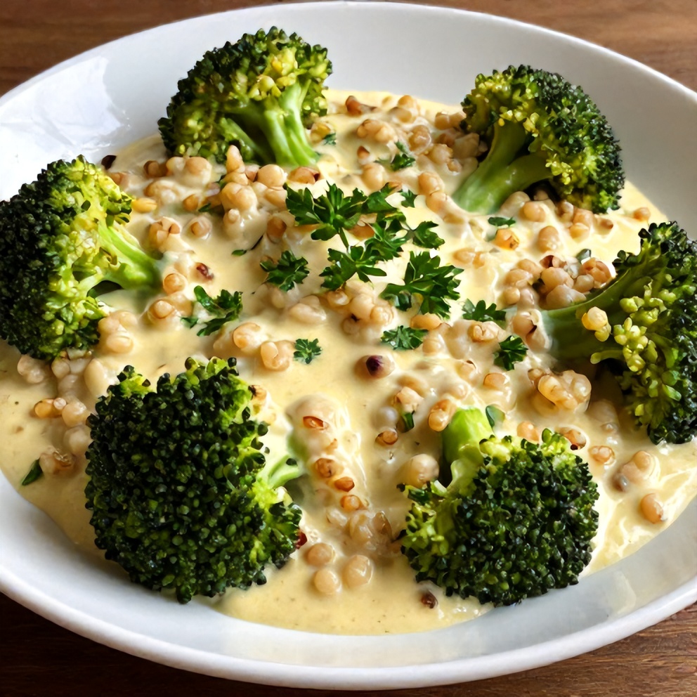 A serving of creamy broccoli and quinoa bake on a plate, garnished with fresh parsley