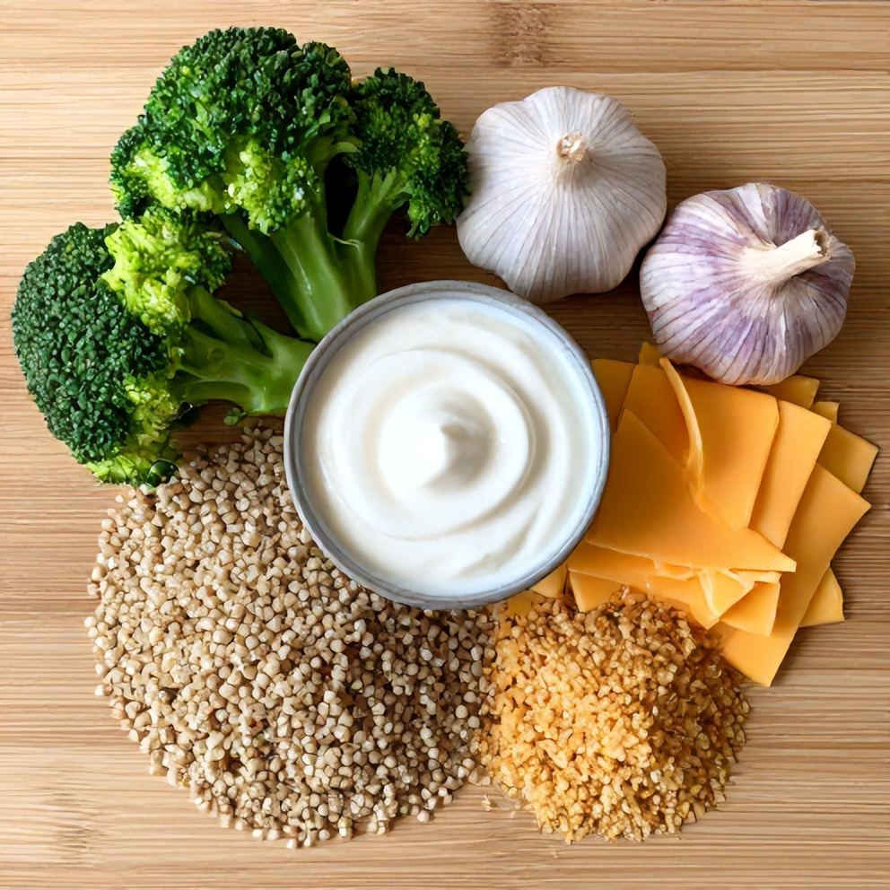 Quinoa, broccoli florets, garlic, heavy cream, cheddar cheese, and breadcrumbs arranged on a wooden surface