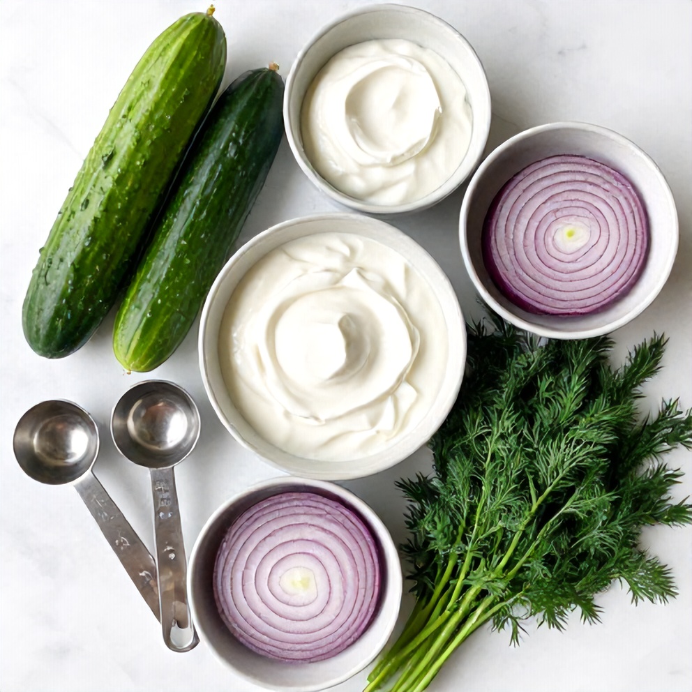 Raw ingredients for creamy cucumber salad