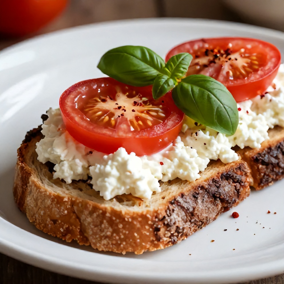Plated creamy tomato and cottage cheese toast with fresh basil