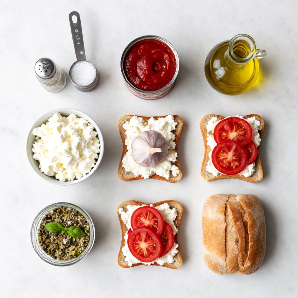 Raw ingredients for tomato and cottage cheese toast on a marble counter