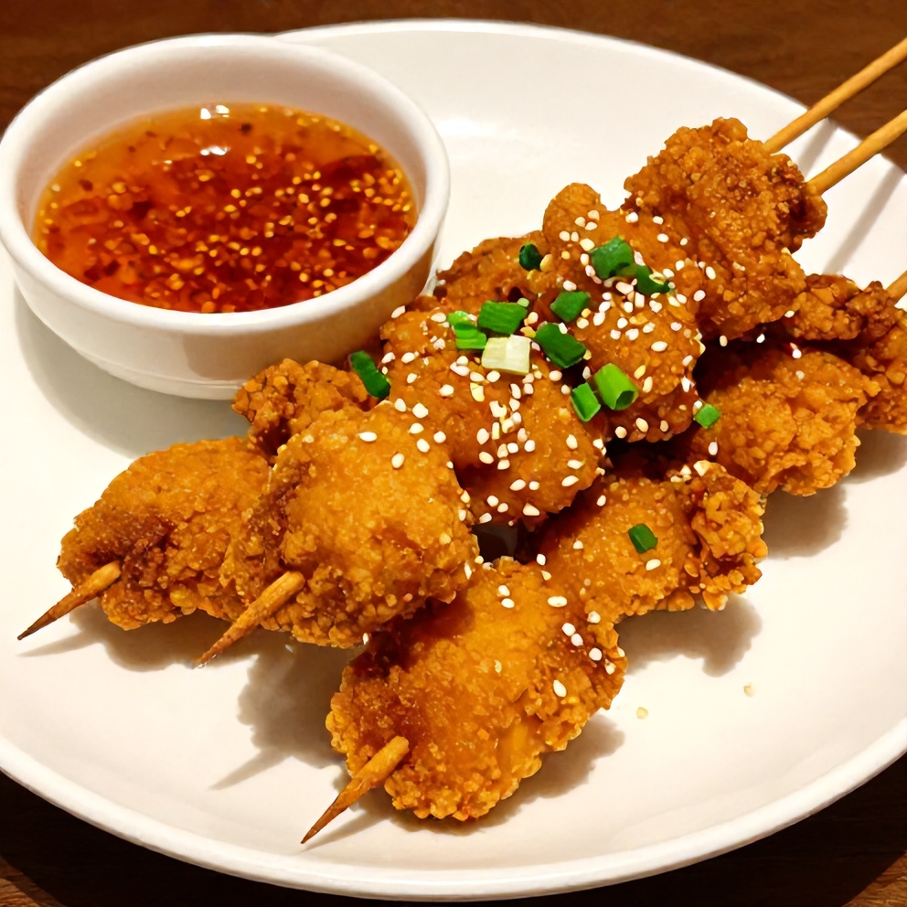 Plated bang bang chicken skewers with spicy dipping sauce