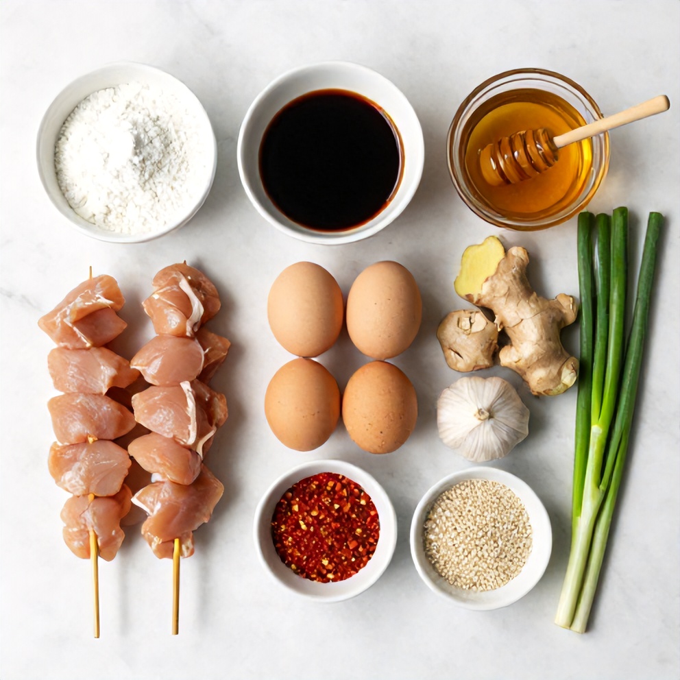 Raw ingredients for bang bang chicken skewers on a marble surface