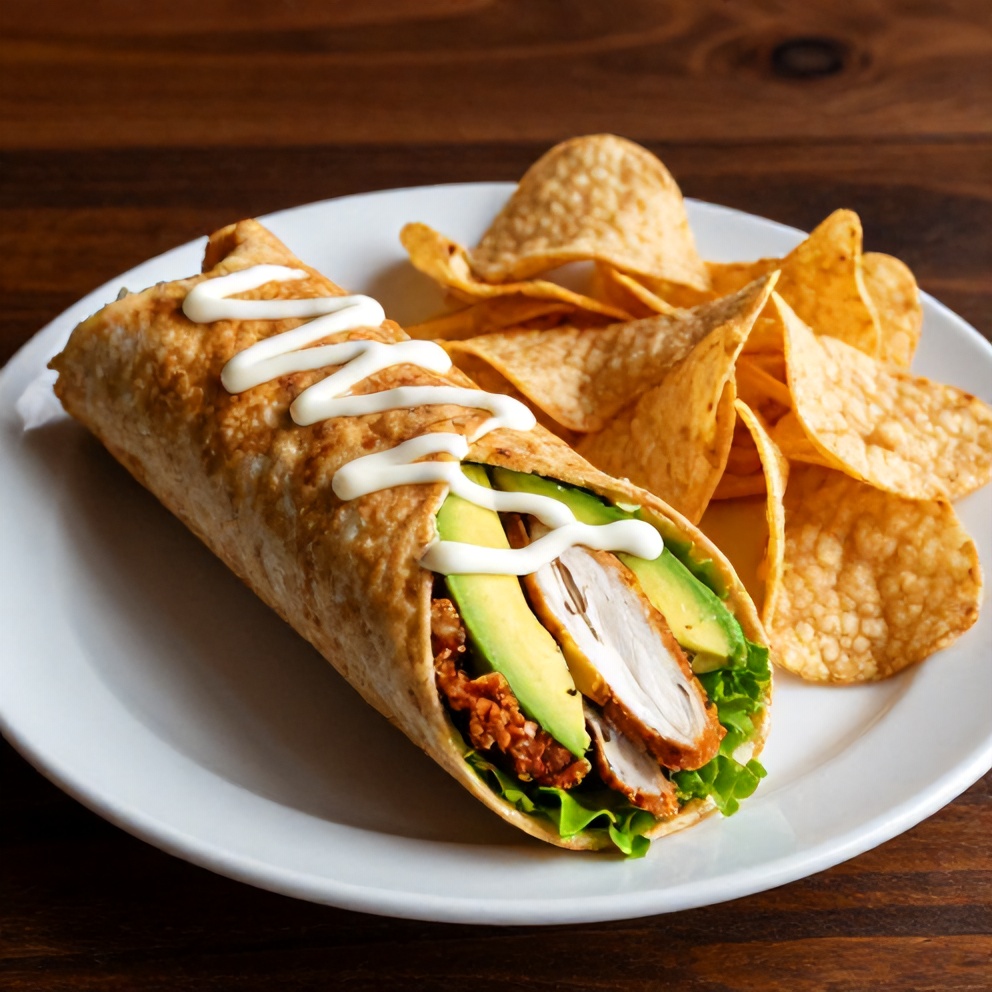 Plated crispy chicken avocado wrap with a side of chips