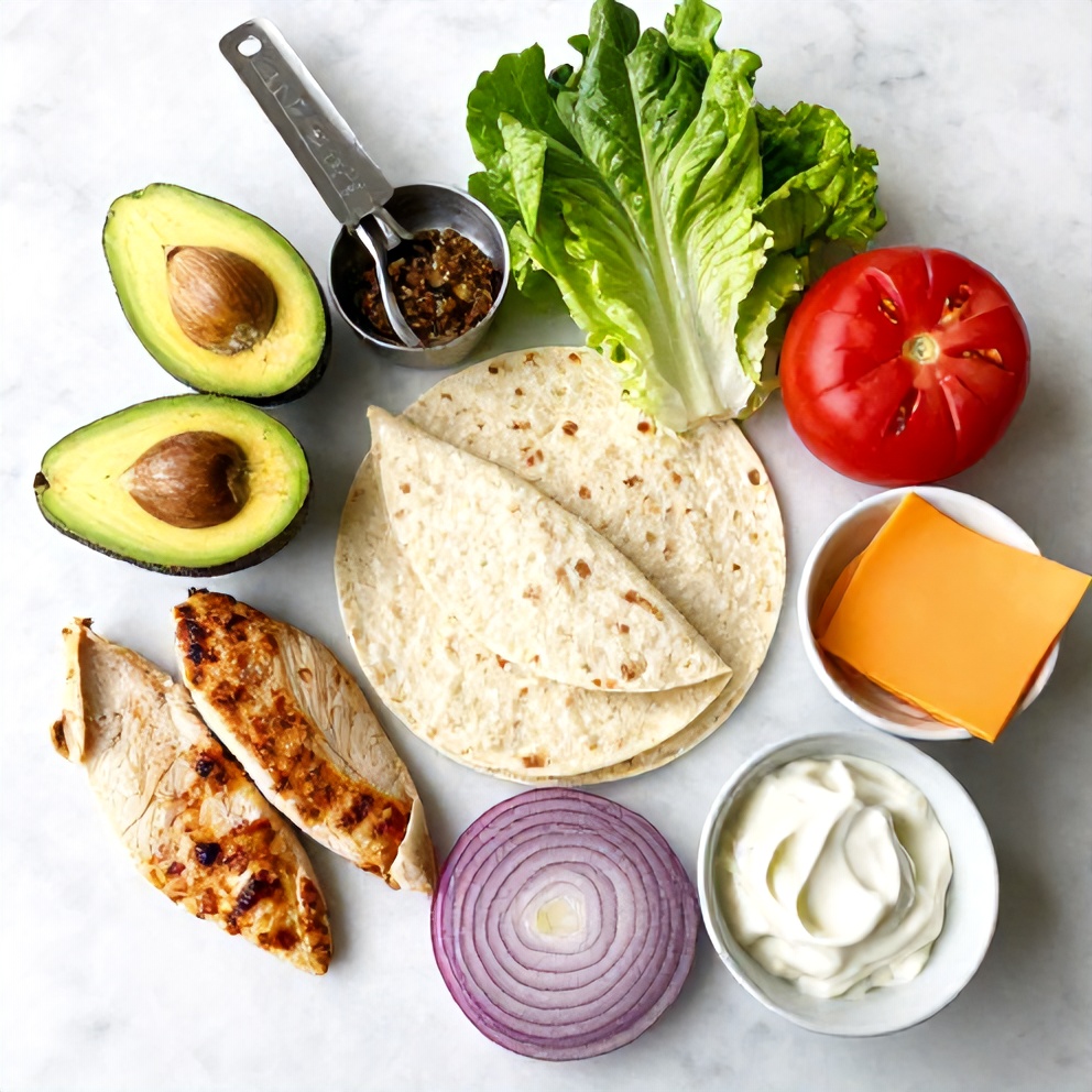 Raw ingredients for crispy chicken avocado wrap on a marble surface