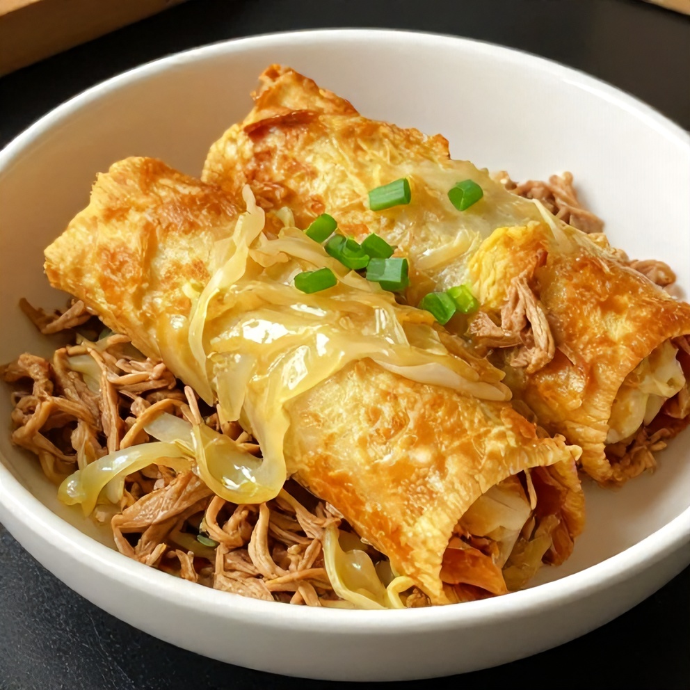 Egg roll in a bowl with ground turkey and cabbage, garnished with green onions