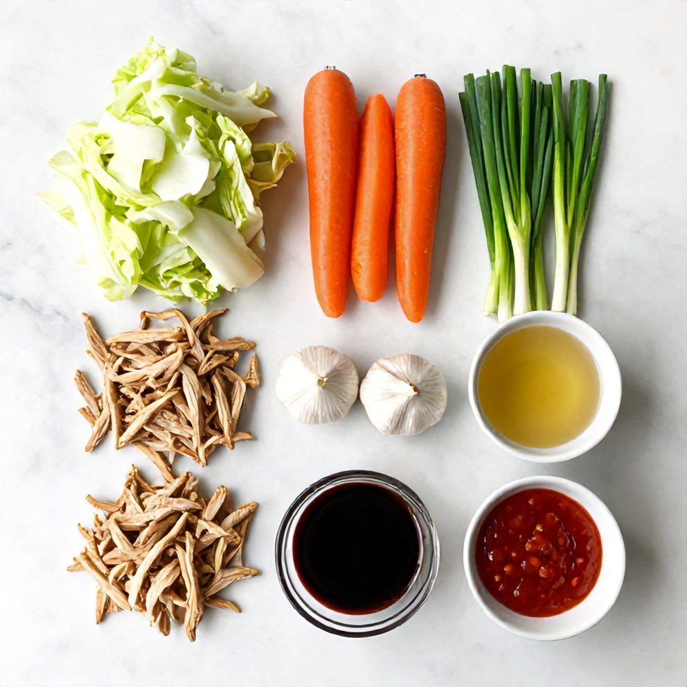 Ground turkey, cabbage, carrots, green onions, garlic, and other ingredients for egg roll in a bowl