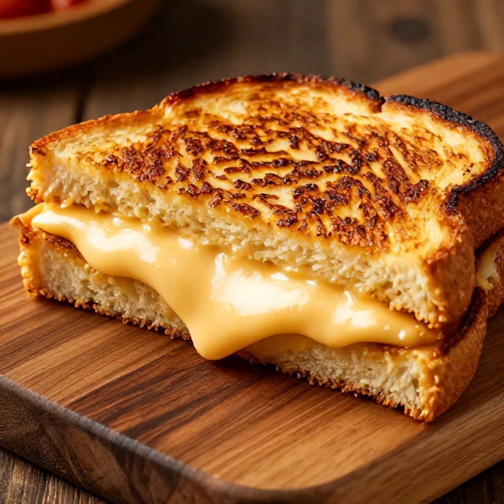 Crispy grilled cheese sandwich on a rustic wooden board