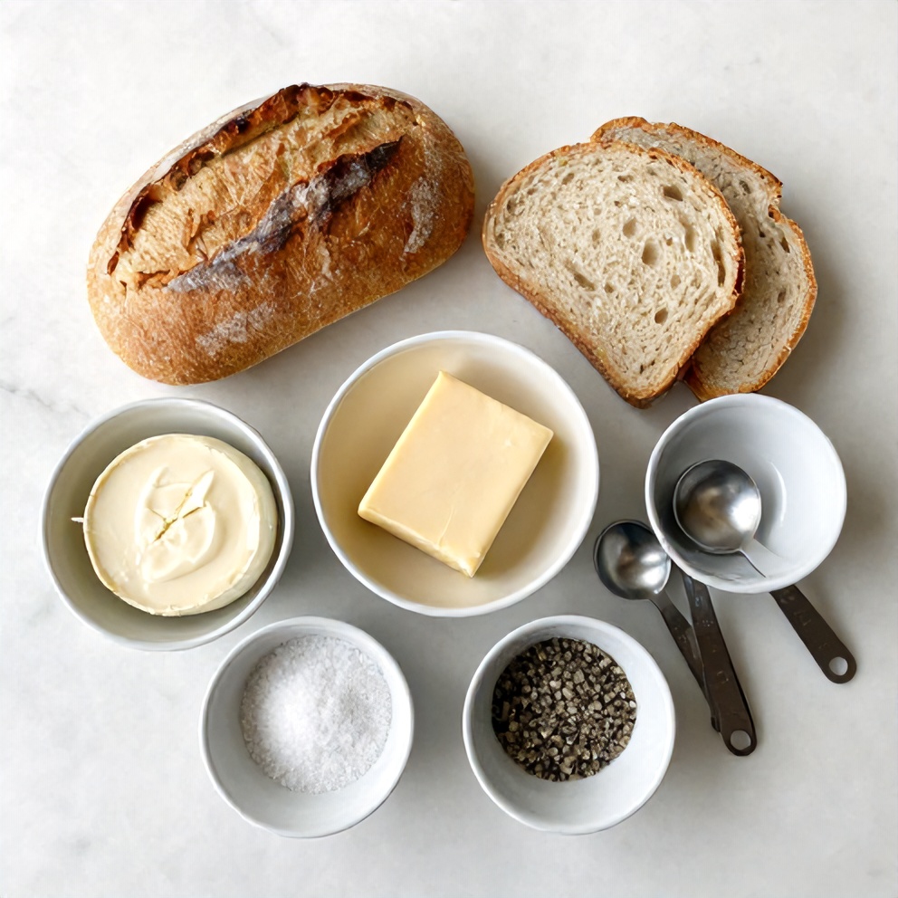 Bread, cheese, butter, and seasonings laid out on a marble counter