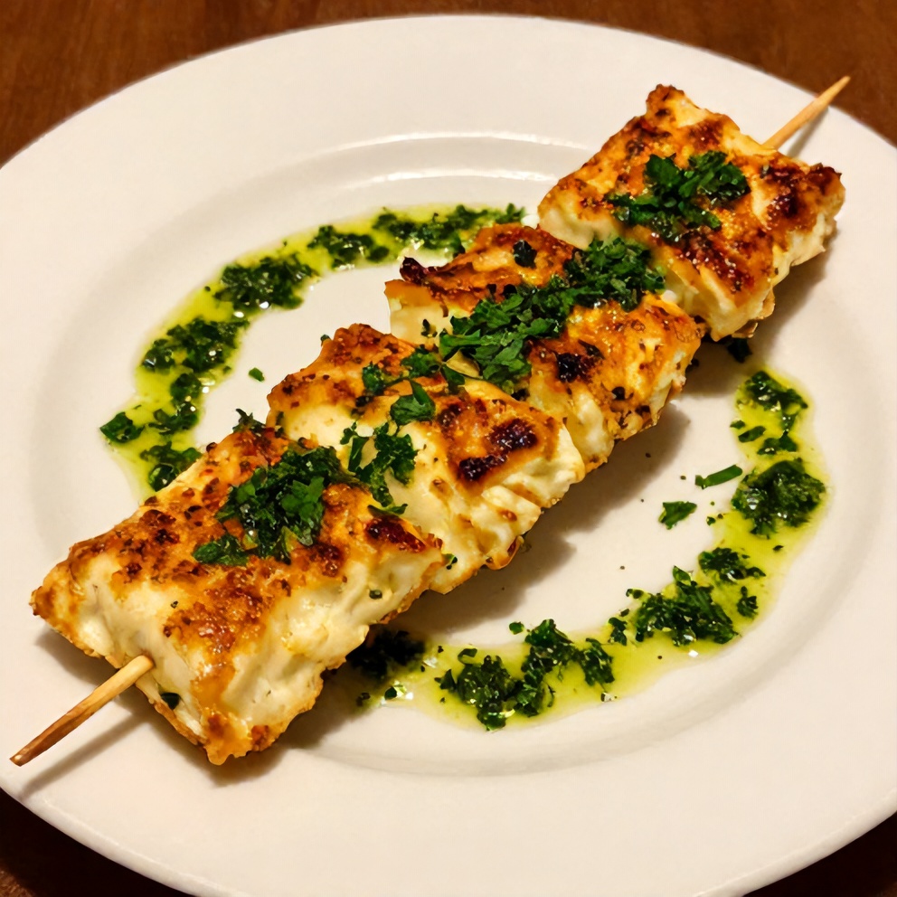 Plated Halloumi Skewers with herb sauce