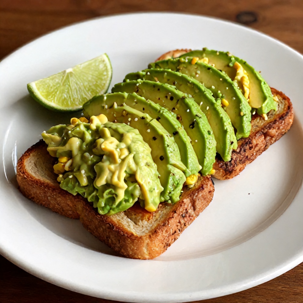 Plated Mexican Street Corn Avocado Toast with a lime wedge on a white plate